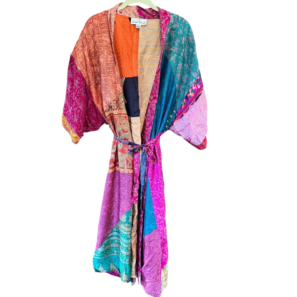 Sacred Threads 100% Silk Patchwork Kimono Robe Long Multi Color Boho Small